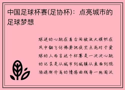 中国足球杯赛(足协杯)：点亮城市的足球梦想