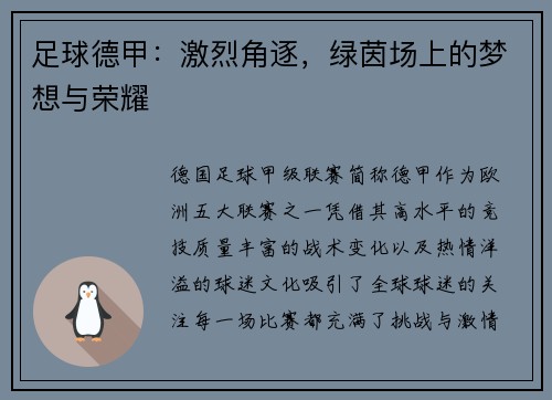足球德甲：激烈角逐，绿茵场上的梦想与荣耀
