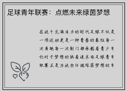 足球青年联赛：点燃未来绿茵梦想
