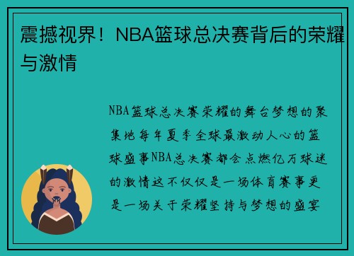 震撼视界！NBA篮球总决赛背后的荣耀与激情